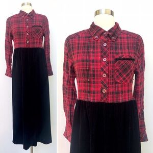 Vintage 80’s red plaid black velvet long sleeve dark academia holiday dress